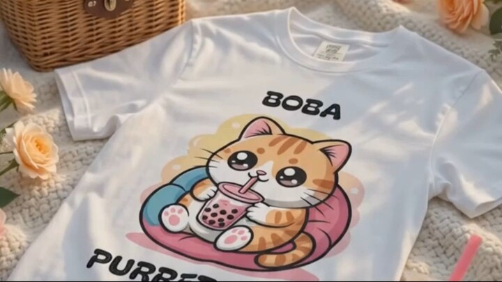 Cute Cat Boba T-Shirt, Fun Gift for Cat Lovers, Casual Wear, Sweet Gift for Birthdays