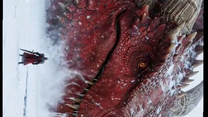 Prompt _Cinematic low-angle tracking shot of colossal snow-covered red dragon to