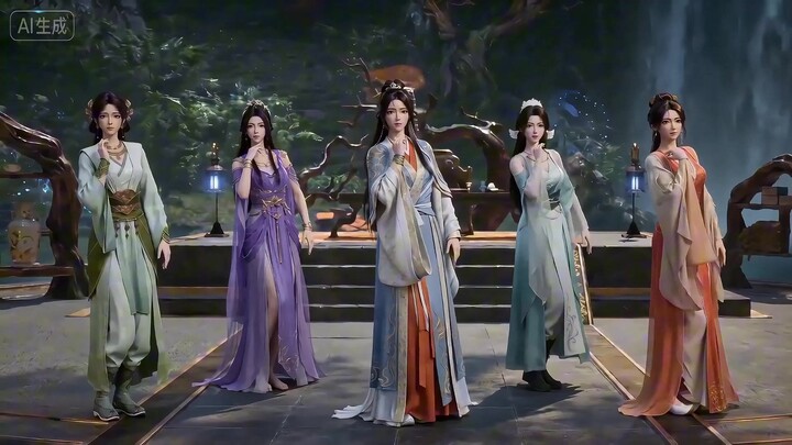 Lima bidadari — Nangong Wan, Ziling, Mupailing, Song Yu, dan Meining — bersama-sama menampilkan tari