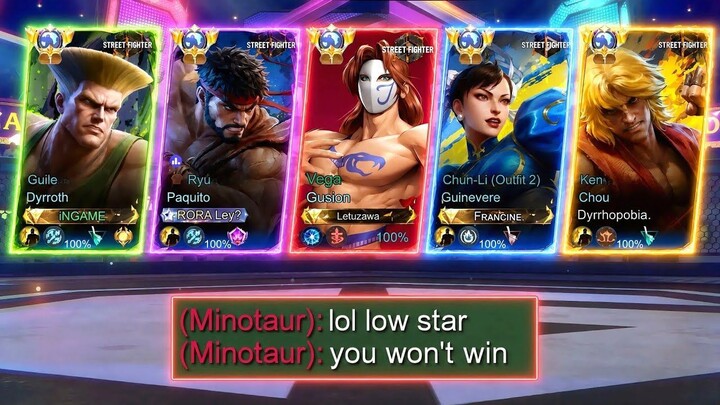 MLBB 5 MAN NEW STREET FIGHTER SKIN!!  HIGH RANK ENEMY UNDERESTIMATE US 🥶