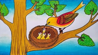 Cara menggambar burung di pohon || Belajar menggambar dan mewarnai burung