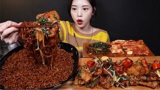 SUB)윤기좔좔 짜파게티에 바삭한 삼겹살튀김 먹방! 짜장라면 꿀조합 리얼사운드 Chapagetti & Fried Pork Belly Mukbang Asmr