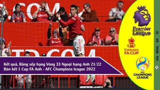 KẾT QUẢ VÒNG 33 NGOẠI HẠNG ANH 2021-22, BÁN KẾT 1 CUP FA ANH, CUP AFC CHAMPIONS LEAGUE 2022
