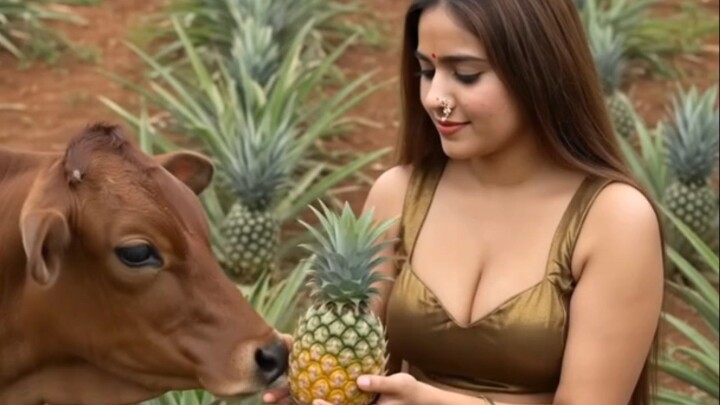 একটি গরুকে আনারস খাওয়াচ্ছে মেয়েটি