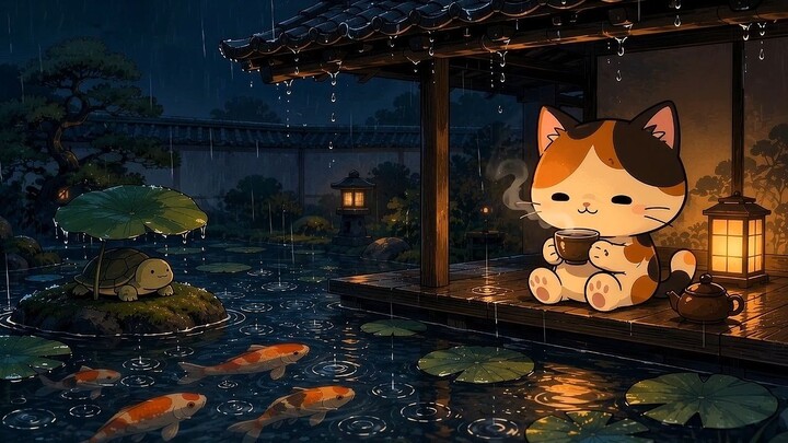 【雨声Lofi】午夜锦鲤池边喝杯热茶｜2小时纯音乐·学习专注·助眠放松｜Rainrill