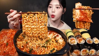 SUB)뜨끈맵칼한 순두부 진짬뽕에 꼬마김밥 김장김치 라면 먹방!🍜 불닭참치 새우튀김김밥 계란말이김밥까지 분식 꿀조합 Ramyeon & Gimbap Mukbang Asmr