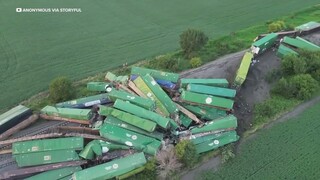 Dozens of Train Cars Piled Up After Iowa Derailment
