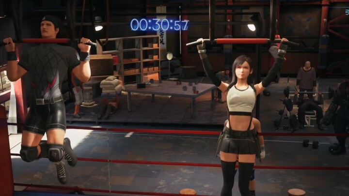 【فاينل فانتسي 7 ريماستر】 ماذا سيحدث إذا قامت تيفا بتمرين العقلة بأقصى صعوبة مع مدرب لياقة بدنية مفتو