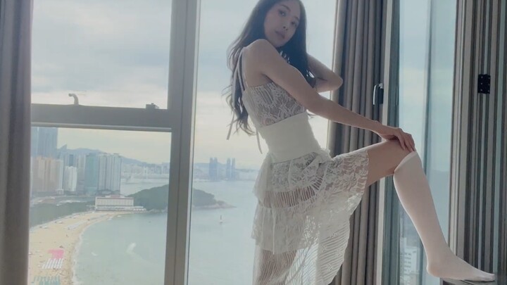 Lace dress paired with white short socks