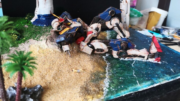 【Tạo cảnh Gundam】Sau khi tạo hiệu ứng cũ kỹ, để Gundam ngắm cảnh bên bờ biển, phần sau của mô hình G