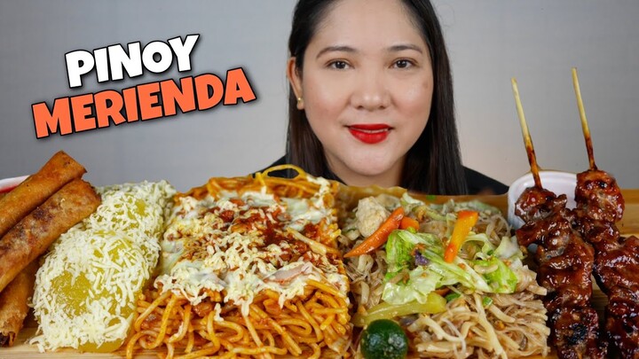 PINOY MERIENDA MUKBANG (SPAGHETTI, PANCIT, BBQ, PICHI PICHI, LUMPIA) | FILIPINO FOOD