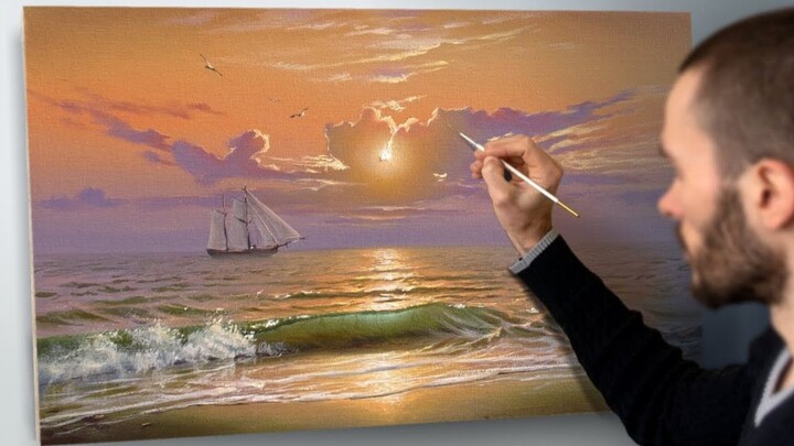 【ภาพวาดสีอะครีลิค】 "Ocean Sunset" —— จิตรกร Nikita