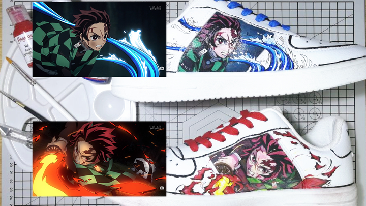 Hand painted shoes of Kamado Tanjirou in Demon Slayer video