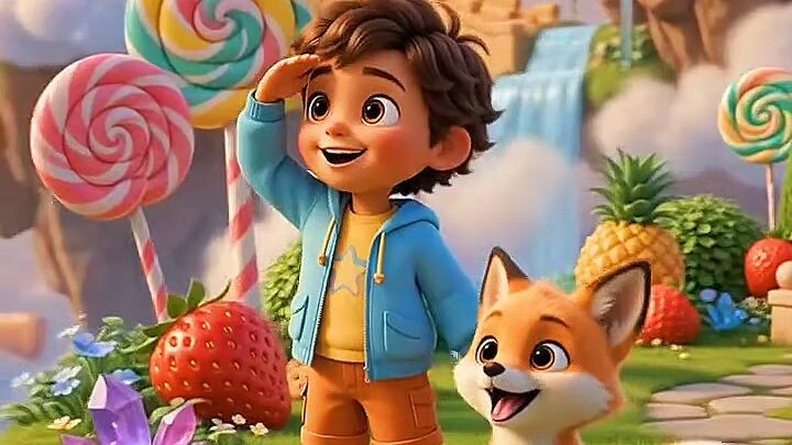 👦🦊 Little Explorer & Baby Fox — Magical Sky Adventure 🍭🍓☁️