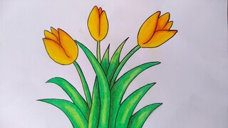 Cara menggambar dan mewarnai bunga tulip ||Menggambar bunga yang mudah untuk pemula