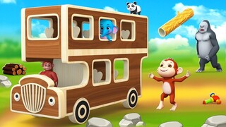 Monkey Build Double Decker Wooden Bus in Jungle | Funny Animals Comedy Videos 3D Cartoons