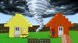 SPONGEBOB HOUSE and SPIDER MAN HOUSE vs TORNADO in Minecraft! BIKINI BOTTOM Animation!