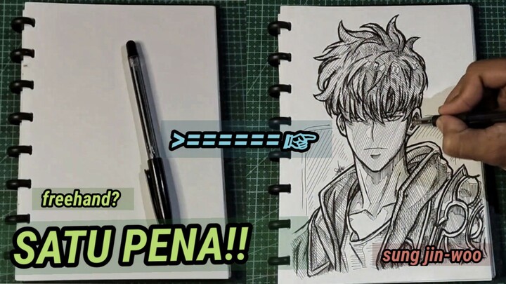 menggambar sung jin-woo mudah menggunakan satu pena, speed drawing sung jin-woo from solo leveling