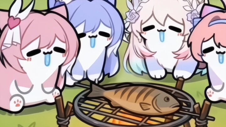 Cats fishing and grilling fish.