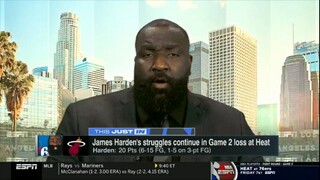 Kendrick Perkins reacts to James Harden's struggles continue in Game 2 loss at Heat