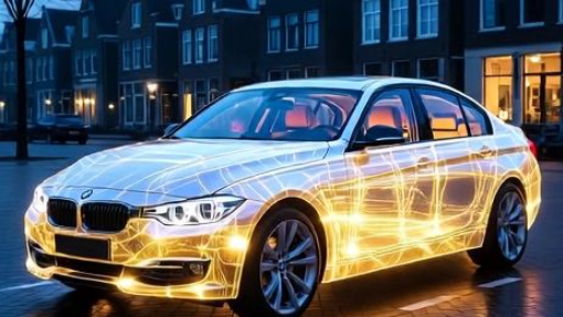 Car made entirely of transparent glass, glowing from the inside