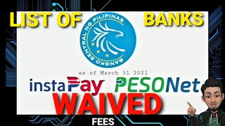 LIST OF BANKS WAIVED INSTAPAY and PESONET FEES | UPDATED MARCH 31 2021 | BSP