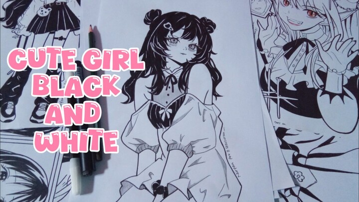 Cute Girl 2 || black and White Art (SPEED DRAWING)