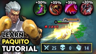 GOD OF PAQUITO - 25 KILLS IN 10 MINUTES - NO DEATH FULL EXPLAINED TUTORIAL WITH BUILD | MLBB
