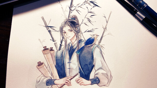 Watercolor/line draft + coloring to draw a little brother