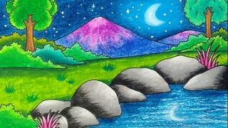 Menggambar pemandangan gunung malam hari || Cara menggambar pemandangan malam hari