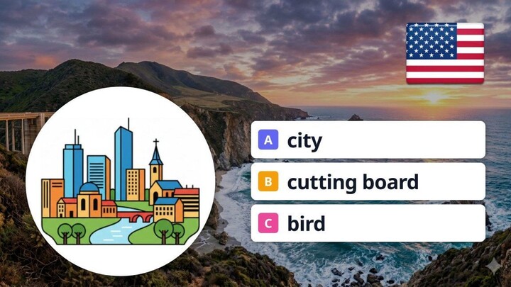 4 English Vocabulary Words: City, Cutting Board, Bird, Monkey Quiz