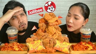 TOWER OF SUPER CRISPY JOLLIBEE CHICKEN JOY + SPAGHETTI MUKBANG | COLLABORATION WITH @EATS RL