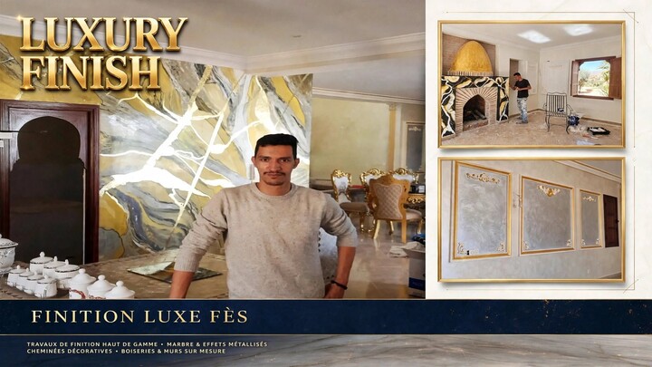 Luxury Moroccan Villa Transformation - Gold Marble Wall & Fireplace | Finition Luxe Fes