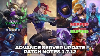 FANNY,ALDOUS,LESLEY,VALENTINA & MORE NERF! SABER & VENOM SKIN UPDATE | NEW UPDATE PATCH NOTES 1.7.12