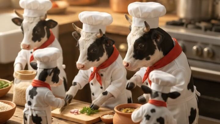 Cow is cooking food