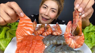 กินดิบ!! ซาซิมิกุ้งทะเล แซลมอน กุ้งลายเสือ