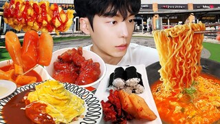 ASMR MUKBANG | 휴게소 라면 떡볶이 김밥 김치 핫도그 양념 치킨 먹방 Tteokbokki AND fried chicken EATING