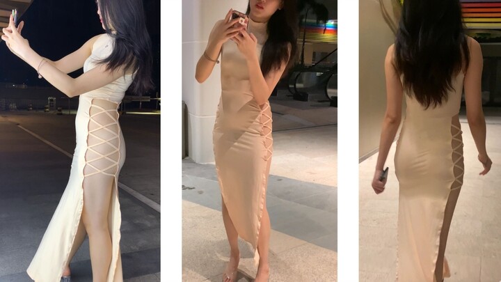Váy dài xẻ cao, giày cao gót trong suốt