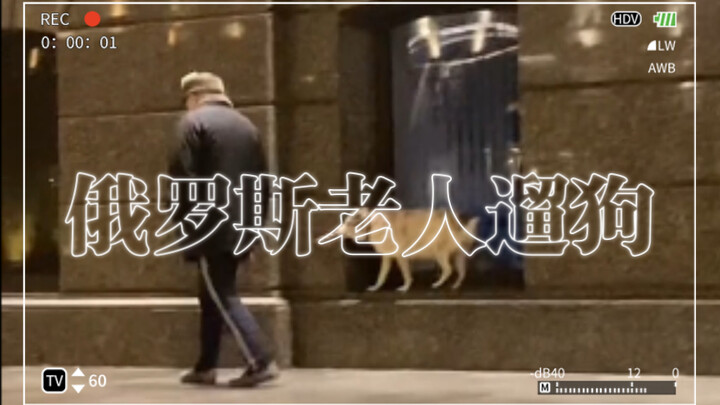 Cute Russian Elderly Man Walking His Dog in Moscow