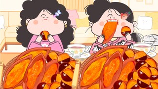 -Yanghuahua Animation mukbang |ฉันกับแม่ได้ทานมันเทศย่างและเกาลัดทอดรสเยี่ยมคู่กับชาดำร้อน~