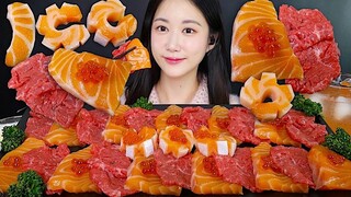 [ONHWA] Sashimi salmon + suara mengunyah daging sapi mentah! Dan telur salmon!