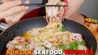 บะหมี่เกาหลี ASMR หอยนางรมทะเลปลาหมึ