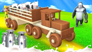 Gorilla and Monkey Cow Farm wooden truck in Forest | Funny Animals Comedy New Videos in Jungle 3D