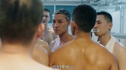 A tense standoff in the men’s barracks shower room, brimming with tension!