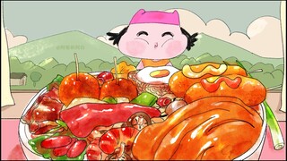 [แอนิเมชั่นอาหาร] ข้อศอกหมูตุ๋น 7 ชิ้น & บะหมี่หม้อเผ็ด & ฮอทดอกชีส