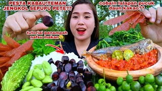 MUKBANG LALAPAN MENTAH KABAU PETE PARE LEUNCA  DAUN KAKAO DAUN PEPAYA REBUS IKAN PEDA SAMBEL TERASI