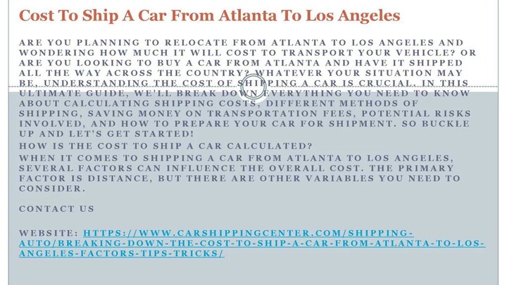 Cost To Ship A Car From Atlanta To Los Angeles