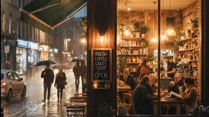 Cozy cafe in rain