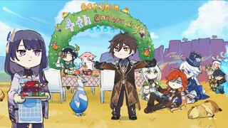 《四周年》钟离:我来保护你们。雷神:还…还有人要吃吗？芙芙:给你治疗～玛薇卡:额，感觉身体被掏空。温迪:来～淦～画师《心脏弱真君》