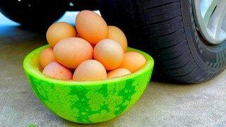 EKSPERIMEN : MOBIL vs EGGS ON WATERMELON | Crushing Crunchy & Soft Things by Car!